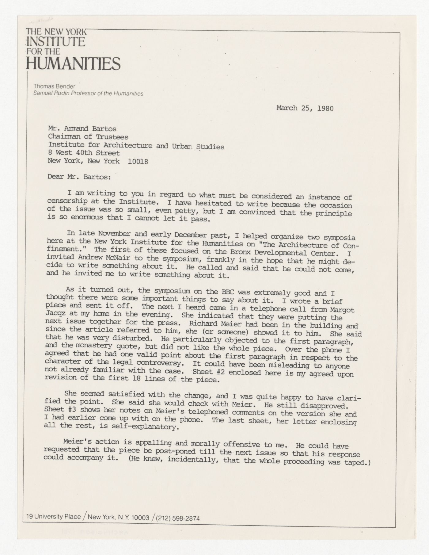 Letter from Thomas Bender to Armand Barto about the retraction of an article by Bender from Skyline with supporting documents