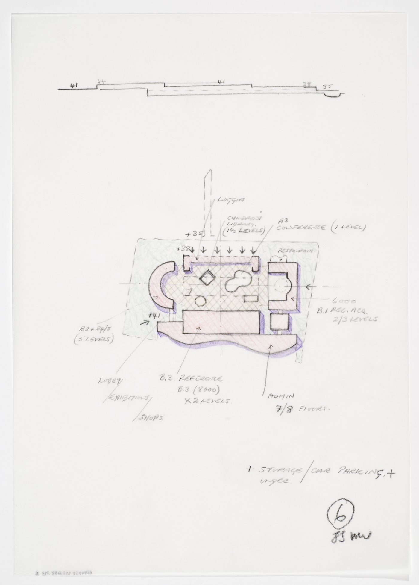 Bibliothèque de France, Paris, France: annotated plan and section