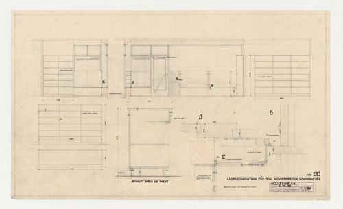 Interior elevations and removed sections for a type DL 2 shoemaker store for Jos Schieferstein, Hellerhof Housing Estate, Frankfurt am Main, Germany