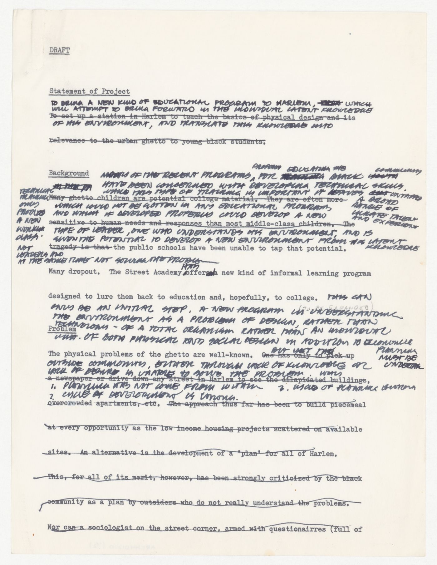 Draft project statement for Harlem educational program with annotations by Peter D. Eisenman