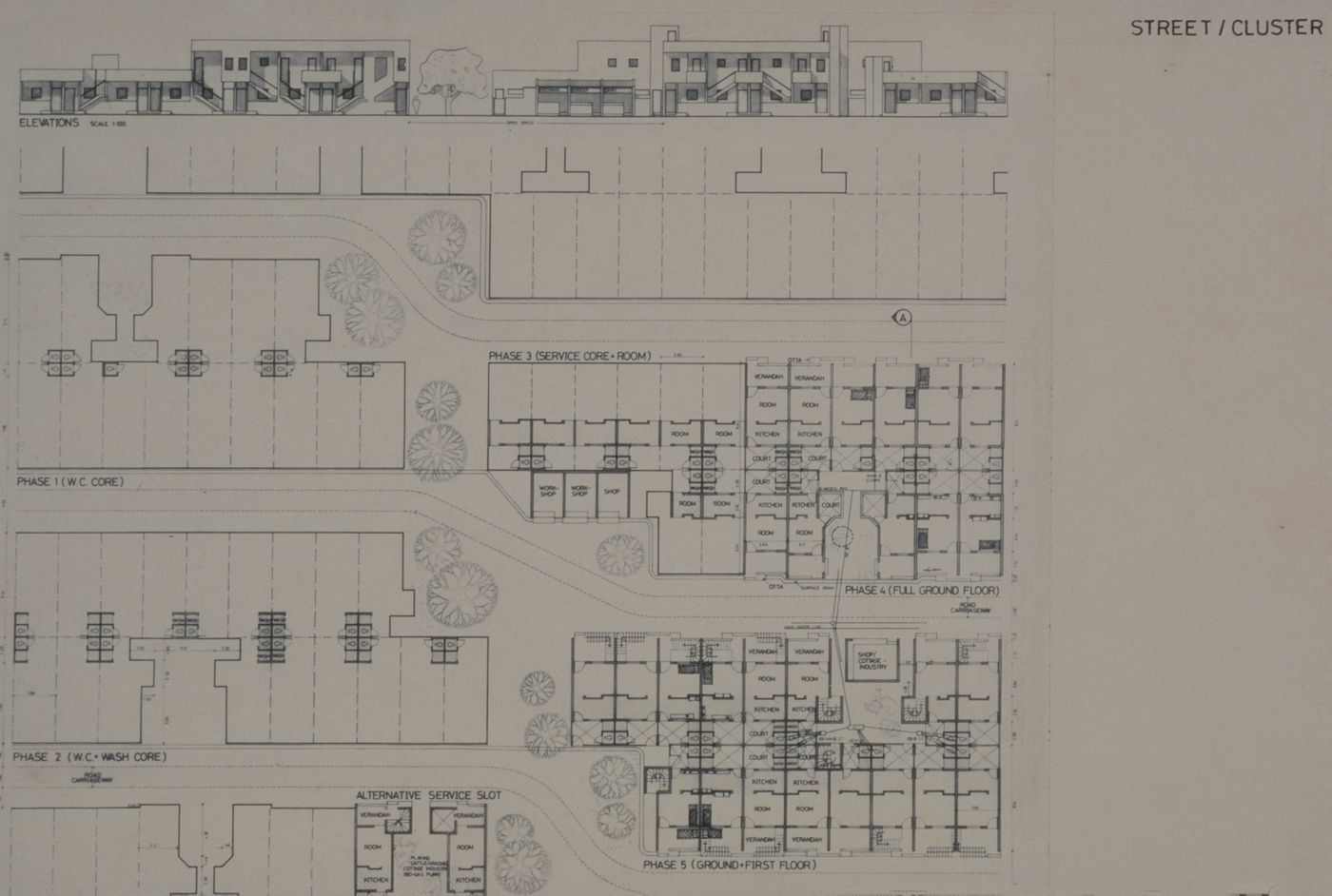 Elevation and floor plans showing phases of construction of a street hosing cluster for the Aranya Housing Project, Indore, India