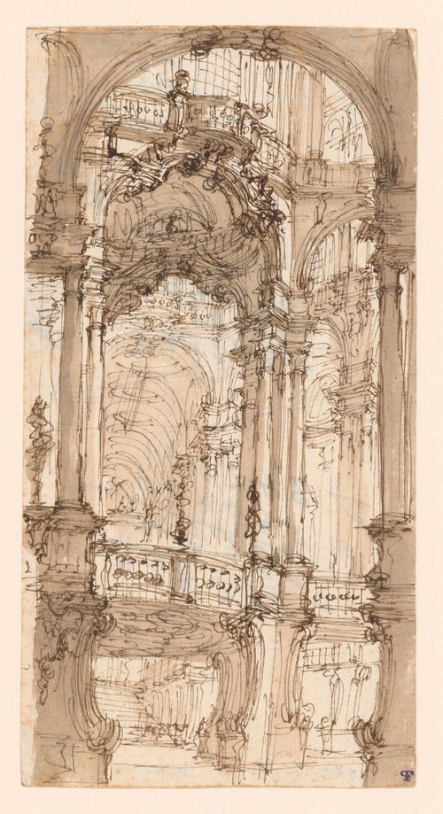 Project for a palace interior with colonnades and balconies