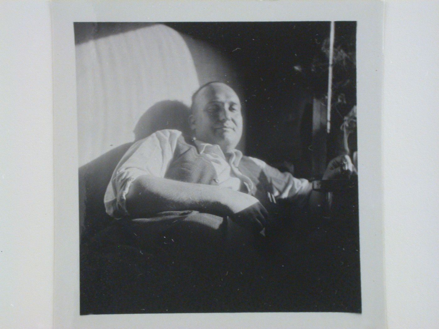 Portrait of Mr Delay, a French architect, in a train car