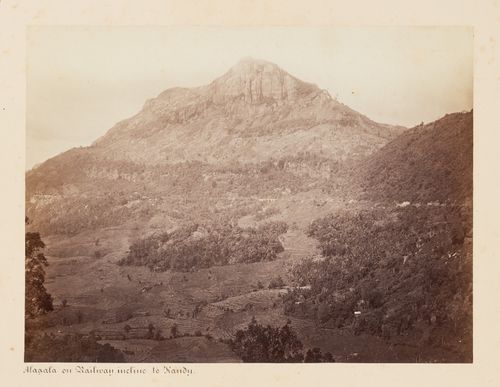 View of a mountain and valley showing the Colombo-Kandy Railway, Allagalla, Ceylon (now Sri Lanka)
