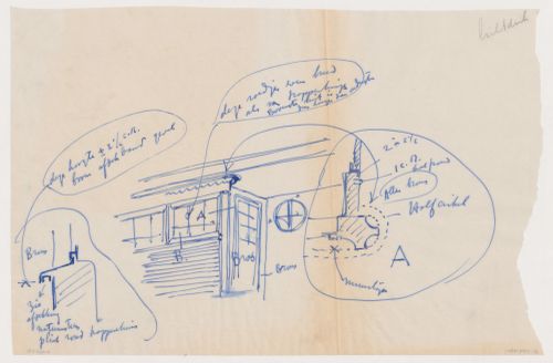 Sketch perspective for a doorway and broken-out sections for window details, possibly for the Shell Building, The Hague, Netherlands