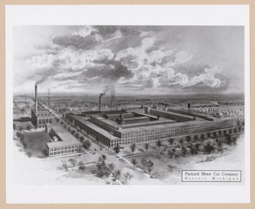 Photograph of a bird's-eye perspective drawing for the Packard Motor Car Company Assembly Plant (now abandoned), East Grand Boulevard, Detroit, Michigan