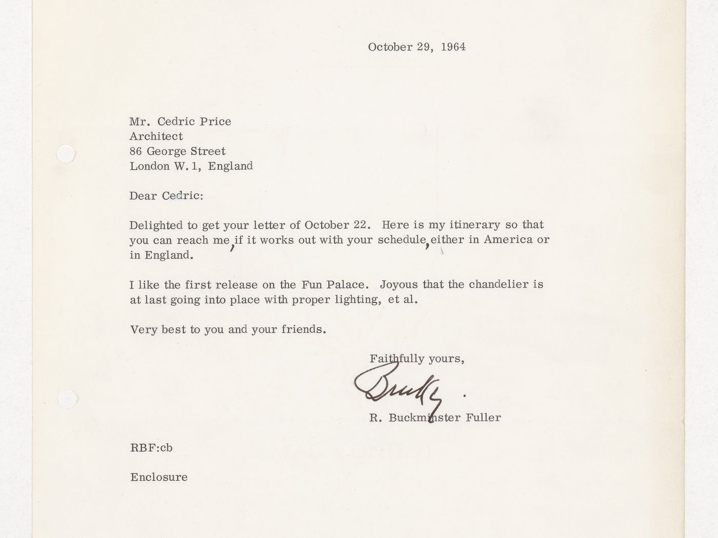 Letter from R. Buckminster Fuller to Cedric Price regarding meeting in either America or England