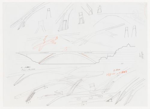 Elevation and sketches for Pólo III da Universidade do Porto e Nova ponte sobre o rio Douro [Bridge over the Douro river], Porto, Portugal; verso: Sketch