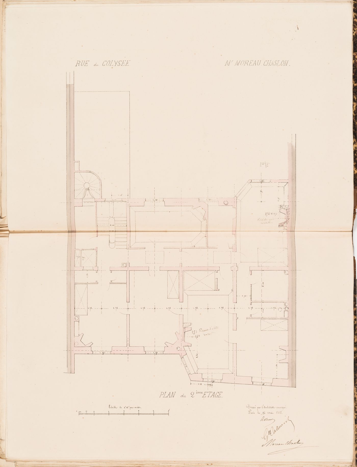 Contract drawings for a house for Monsieur Moreau Chaslon, rue du Colysée, Paris: Second floor plan