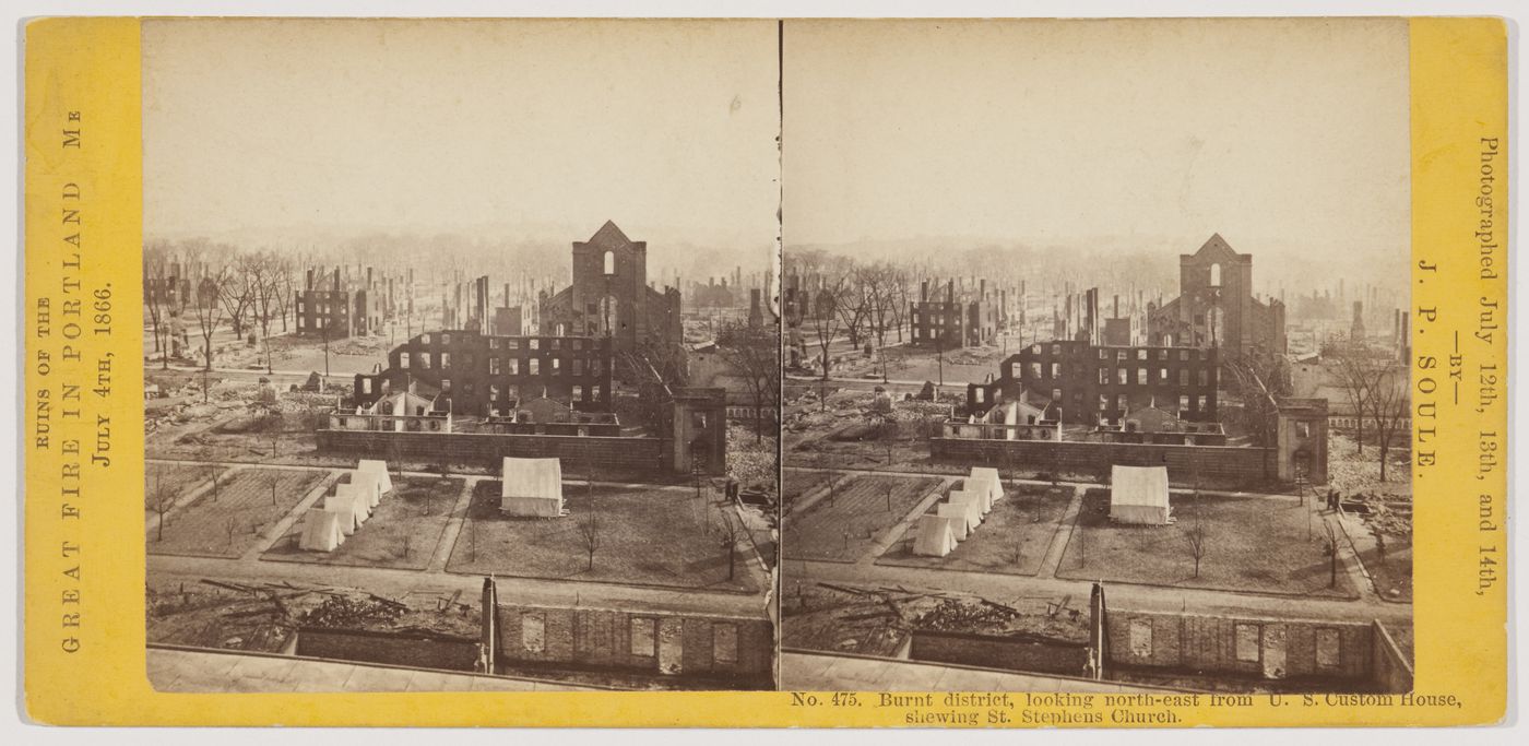 Ruins of St. Stephens Church, as seen from the U.S. Custom House, after the Great Fire in Portland, Maine on July 4, 1866