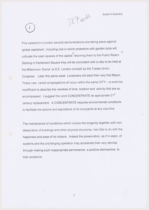Draft text proposing the term "concentrate" as an alternative to the term "city"--from the project file "Venic"