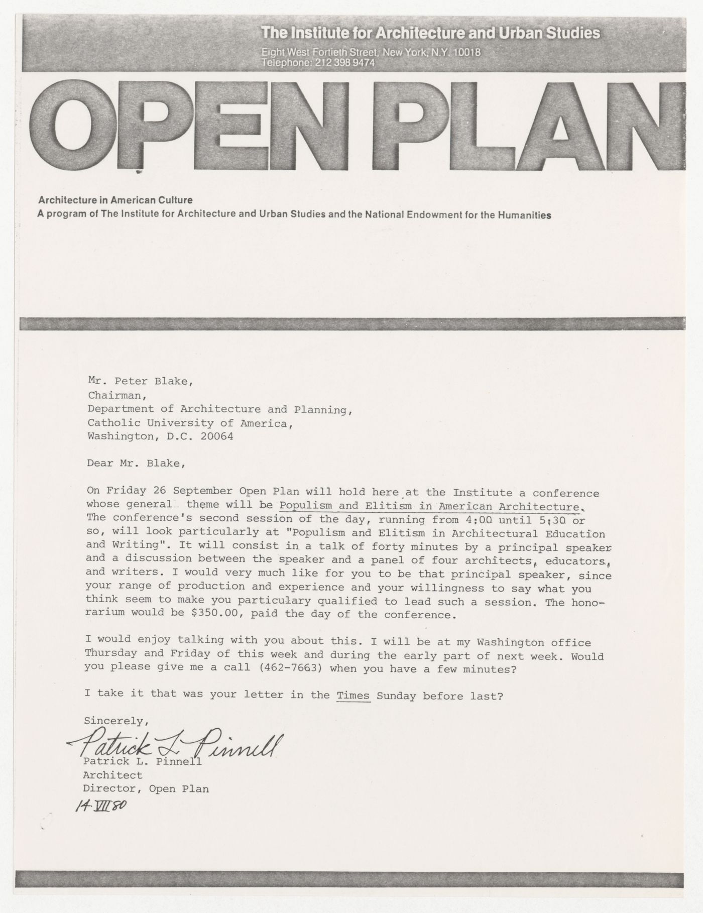 Letter from Patrick Pinnell to Peter Blake about Blake speaking at Open Plan