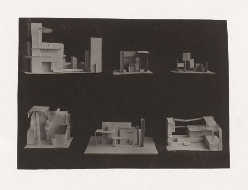 Photograph of student models by Kozin, Shchukin [?] and unidentified students on the topic "Organization of Inner Space" for the "Space" course at the Vkhutemas (Higher State Artistic Technical Studios), Moscow