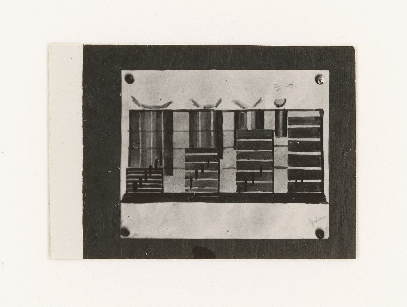 Photograph of a student drawing on the topic "Construction of Frontal Surface Based on Vertical, Horizontal and Inclined Combination of Two or More Rhythmical Rows" for the "Space" course at the Vkhutemas, Moscow