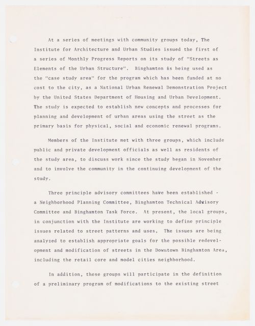 Summary of meetings with community groups for Binghamton Street Study