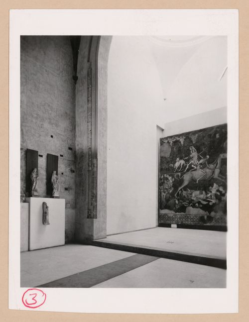 Interior view of a gallery showing a painting and sculptures, Palazzo Abatellis, Galleria regionale della Sicilia, Palermo, Italy