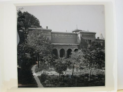View across a garden towards the factory entrance of the August Borsig Mill [?], Moabit, Berlin, Germany