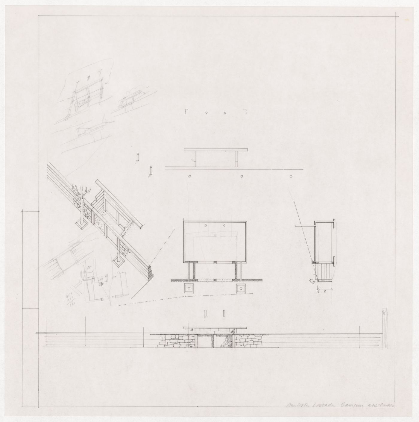Plan, elevations, axonometric view and sketch plan and details for Casa Ana Costa, Quinta de S. Ovídio, Lousada, Portugal