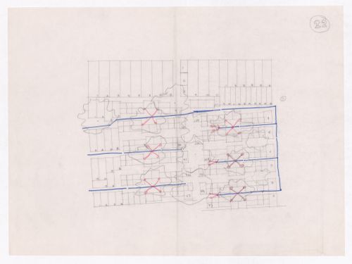 Sketch showing plots layout development for Minimum Cost Housing Group's plot in Aranya township, India, for Aranya Housing Project