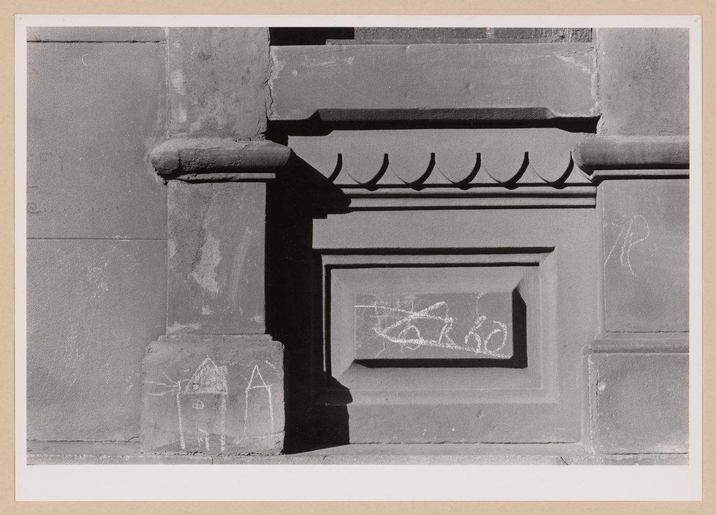 Close-up view of the façade of a building showing chalk graffiti, New York City, New York