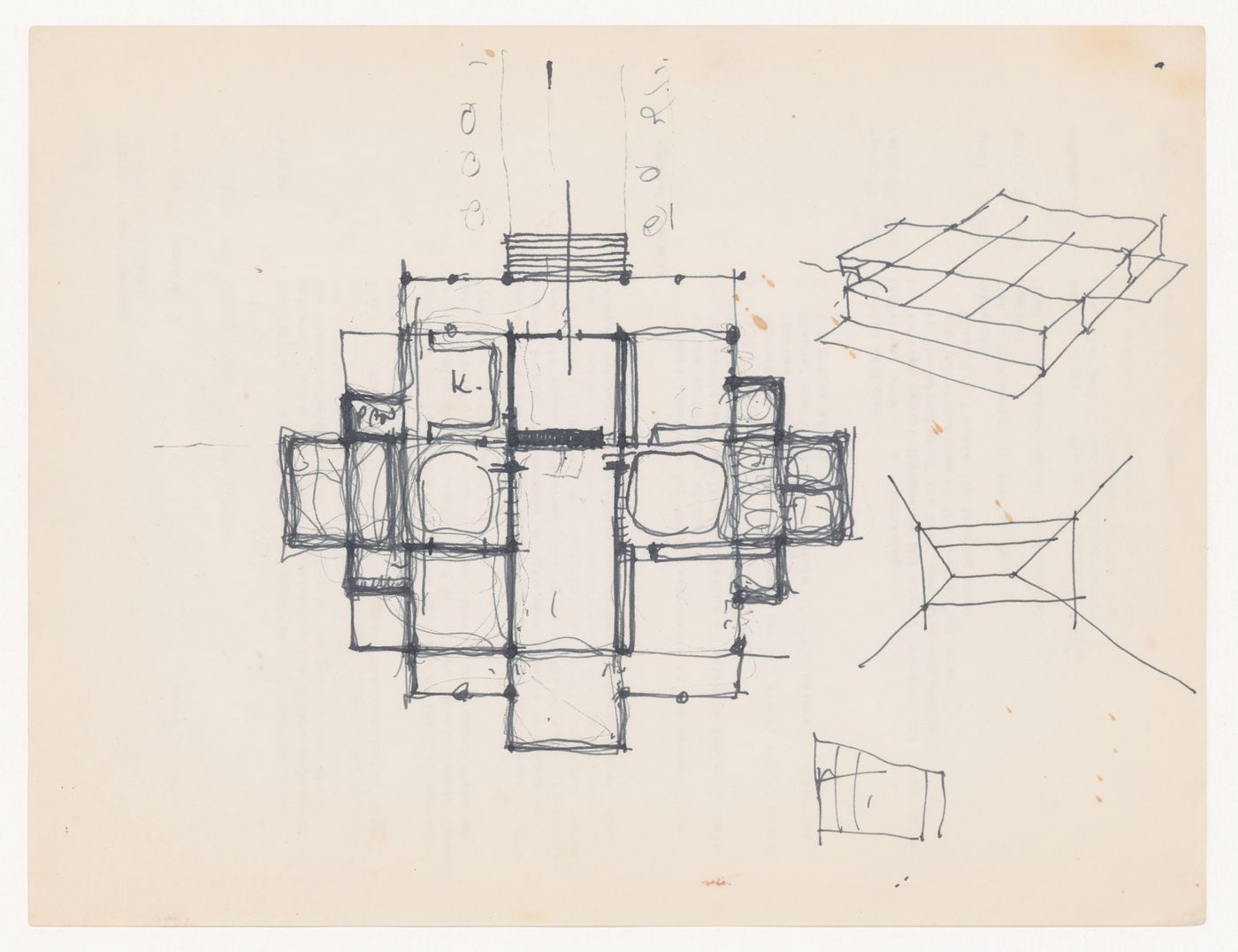 Sketch plan, axonometric, and interior perspective for Texas House 1; verso: unrelated document