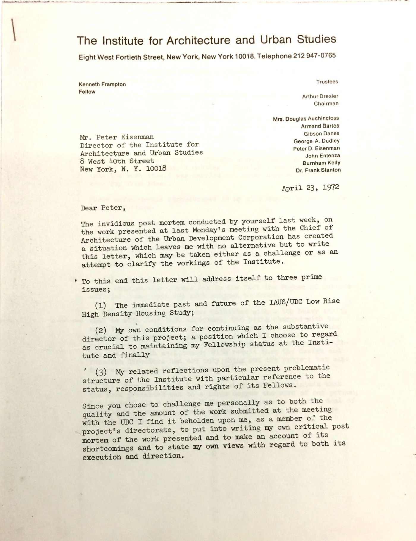 Letter from Kenneth Frampton to Peter Eisenman with a complaint related to the Institute for Architecture and Urban Studies (IAUS)