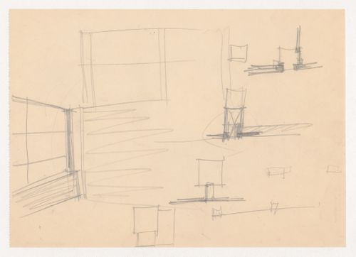 Interior perspective sketch, partial sketch elevation for window glazing, and sketch sectional details for the Metallurgy Building, Illinois Institute of Technology, Chicago