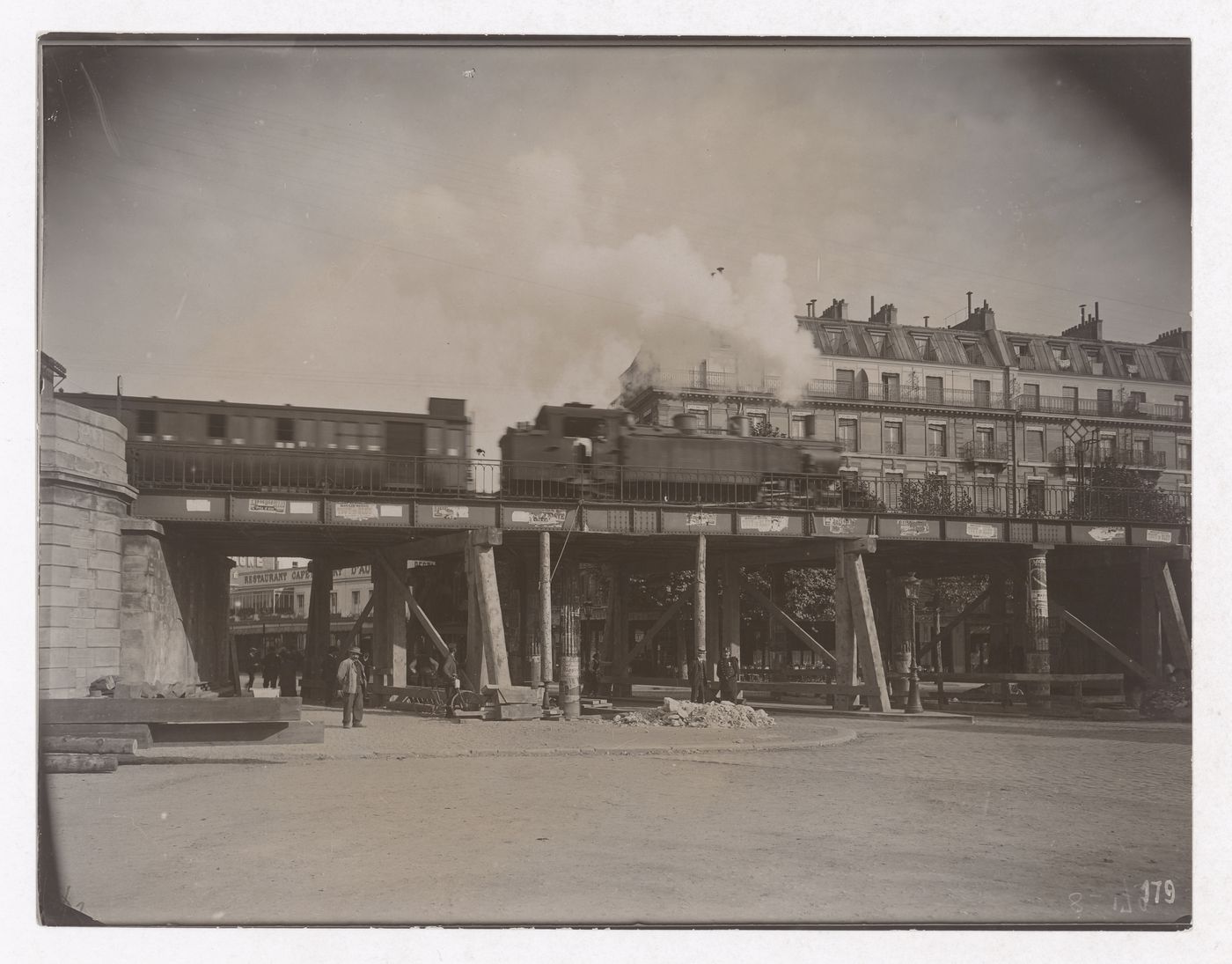 Construction of the Paris Metro, exterior view with train on a raised bridge, Paris, France