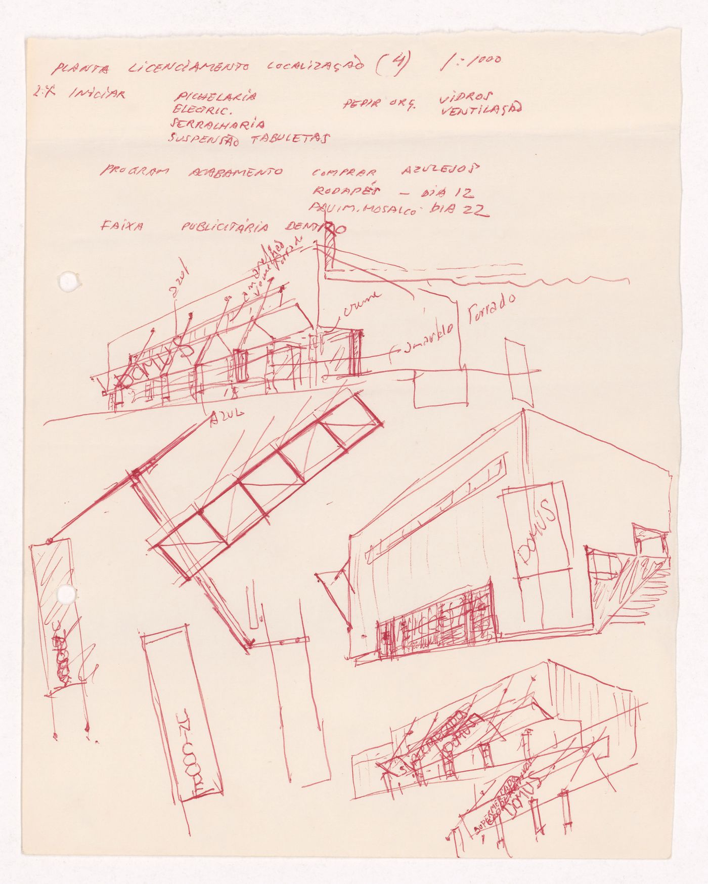 Sketch perspectives and plans with notes for Cooperativa Unicoope Domus/Pasteleira, Porto, Portugal