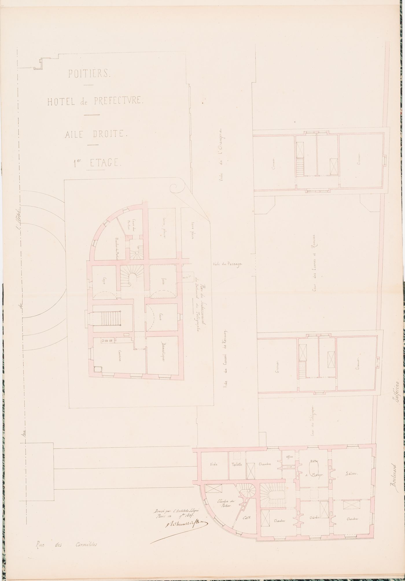 Project for a Hôtel de préfecture, Poitiers: First floor plan for the right wing, including a plan for the "soubassement" for the telegraph building