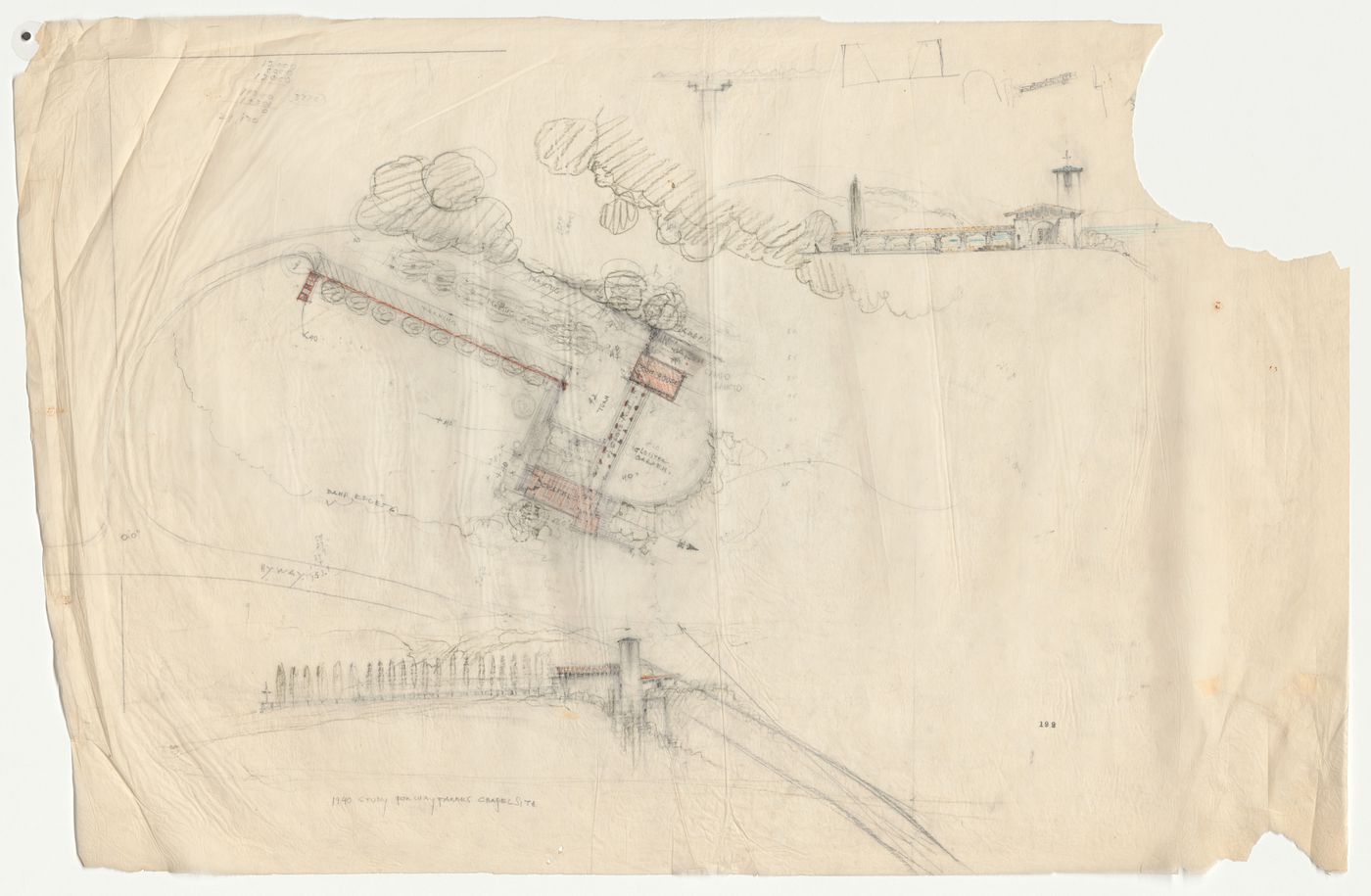 Wayfarers' Chapel, Palos Verdes, California: Site plan, entrance elevation and side elevation for the Spanish Colonial design