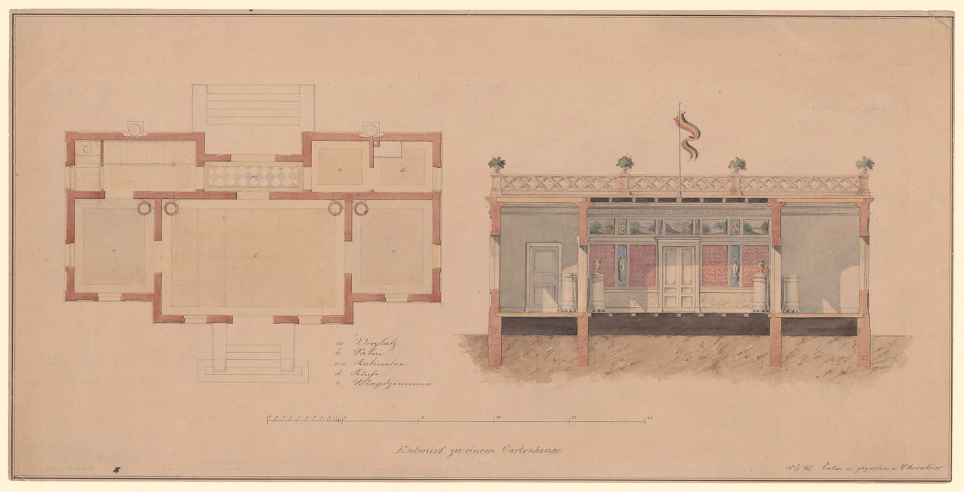 Project for villa in an English garden - plan & sect. (3,4 attac)