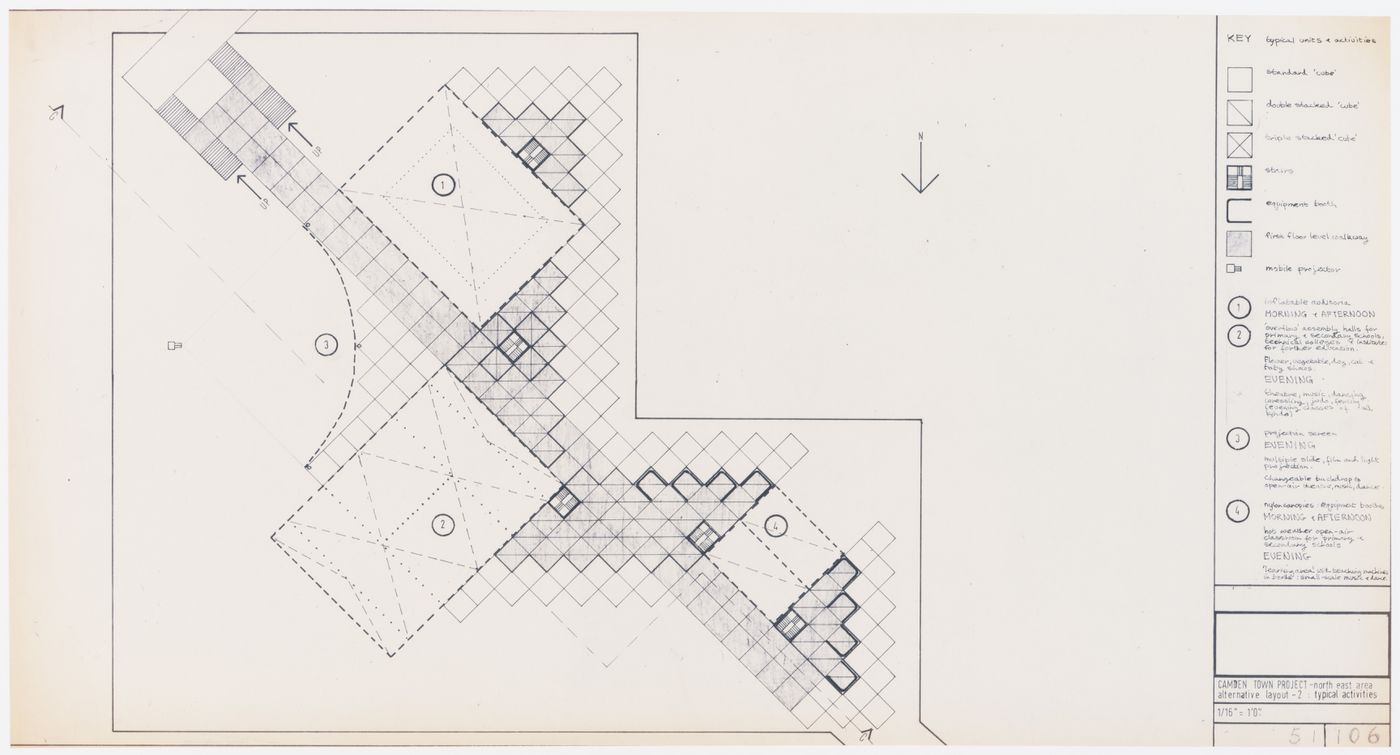 Plan showing alternative layout and typical activities for Fun Palace (Camden Town Project)