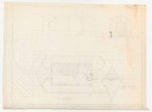Wayfarers' Chapel, Palos Verdes, California: Plan for chapel and campanile developed on an equilateral parallelogram grid and two sections through the chapel
