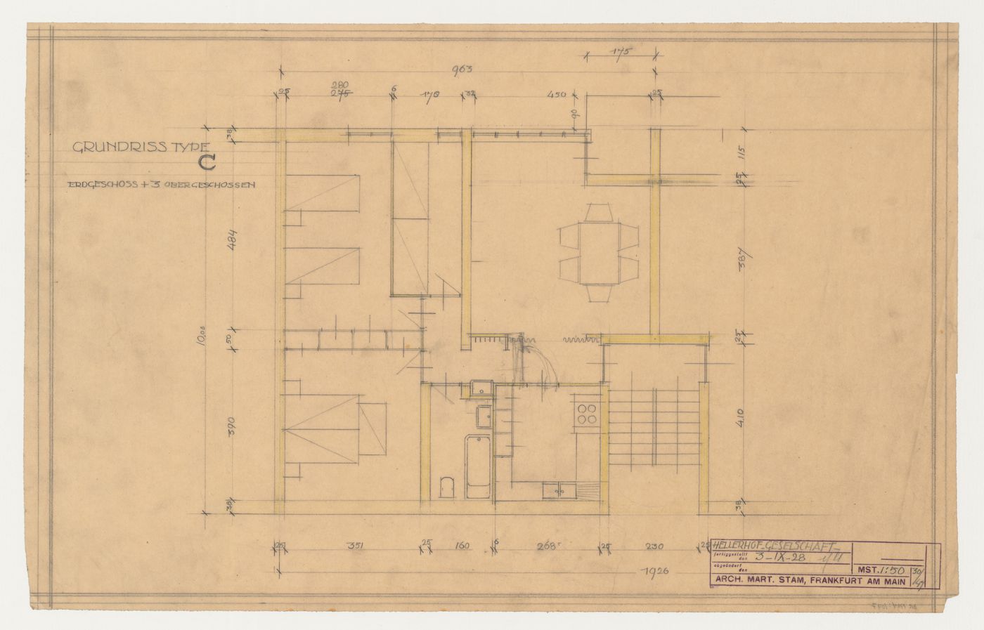 First floor plan for a type C housing unit, Hellerhof Housing Estate, Frankfurt am Main, Germany