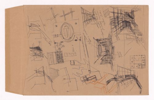 Sketch perspectives and plans for Banco Pinto & Sotto Mayor, agência e clube, Lamego, Portugal