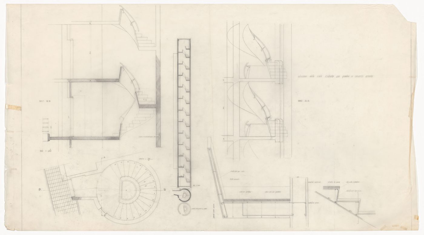 Stair plans, sections, elevation and details for Casa a torre, Italy