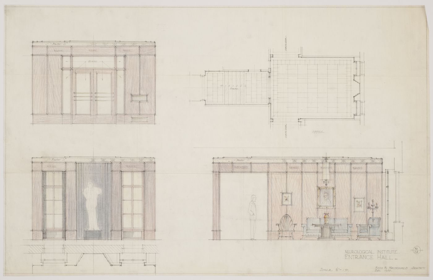 Montréal Neurological Institute, Montréal, Québec: interior elevations and plan for entrance hall