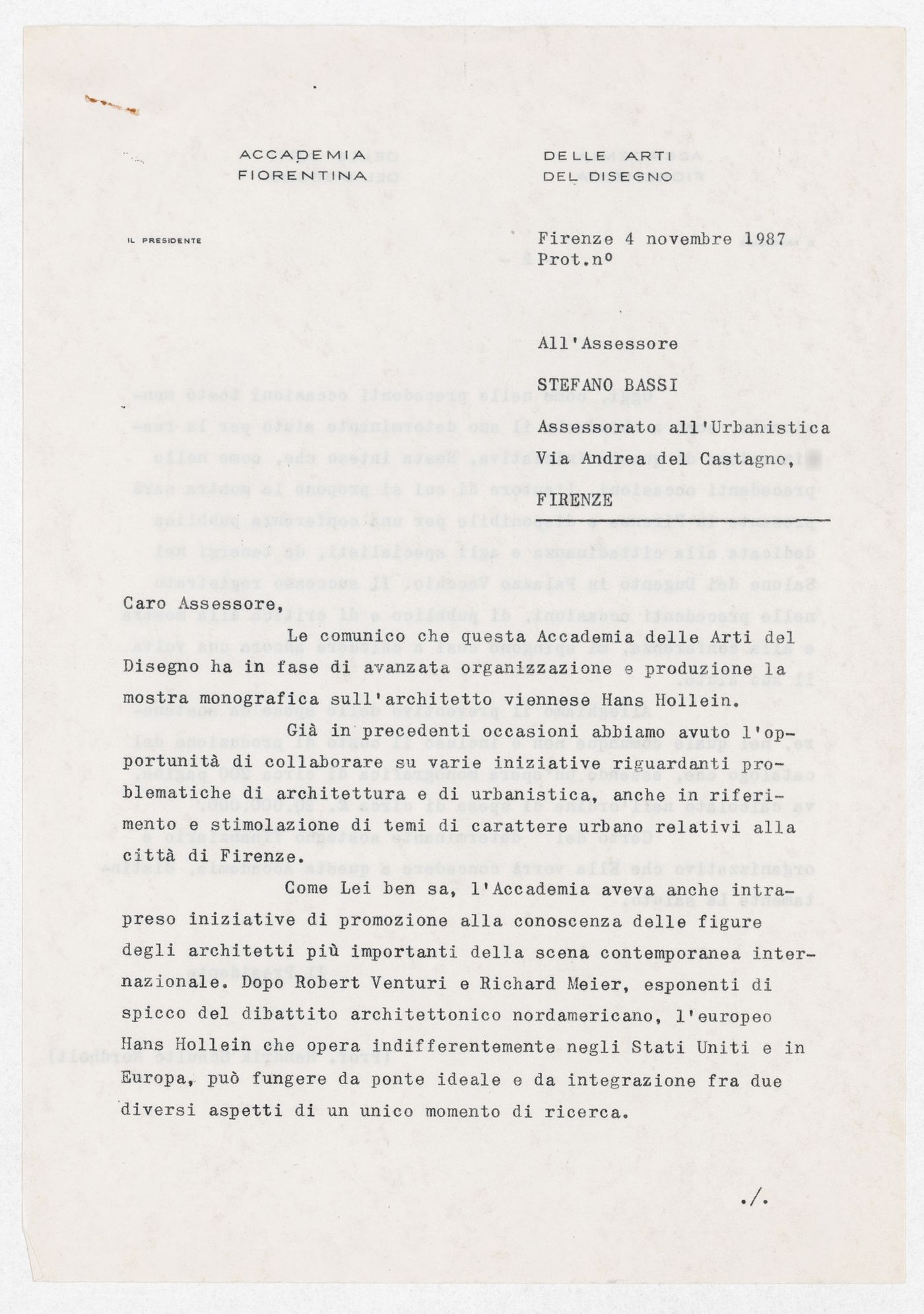 Correspondence and a budget for the exhibition Hans Hollein. Opere 1960-1988