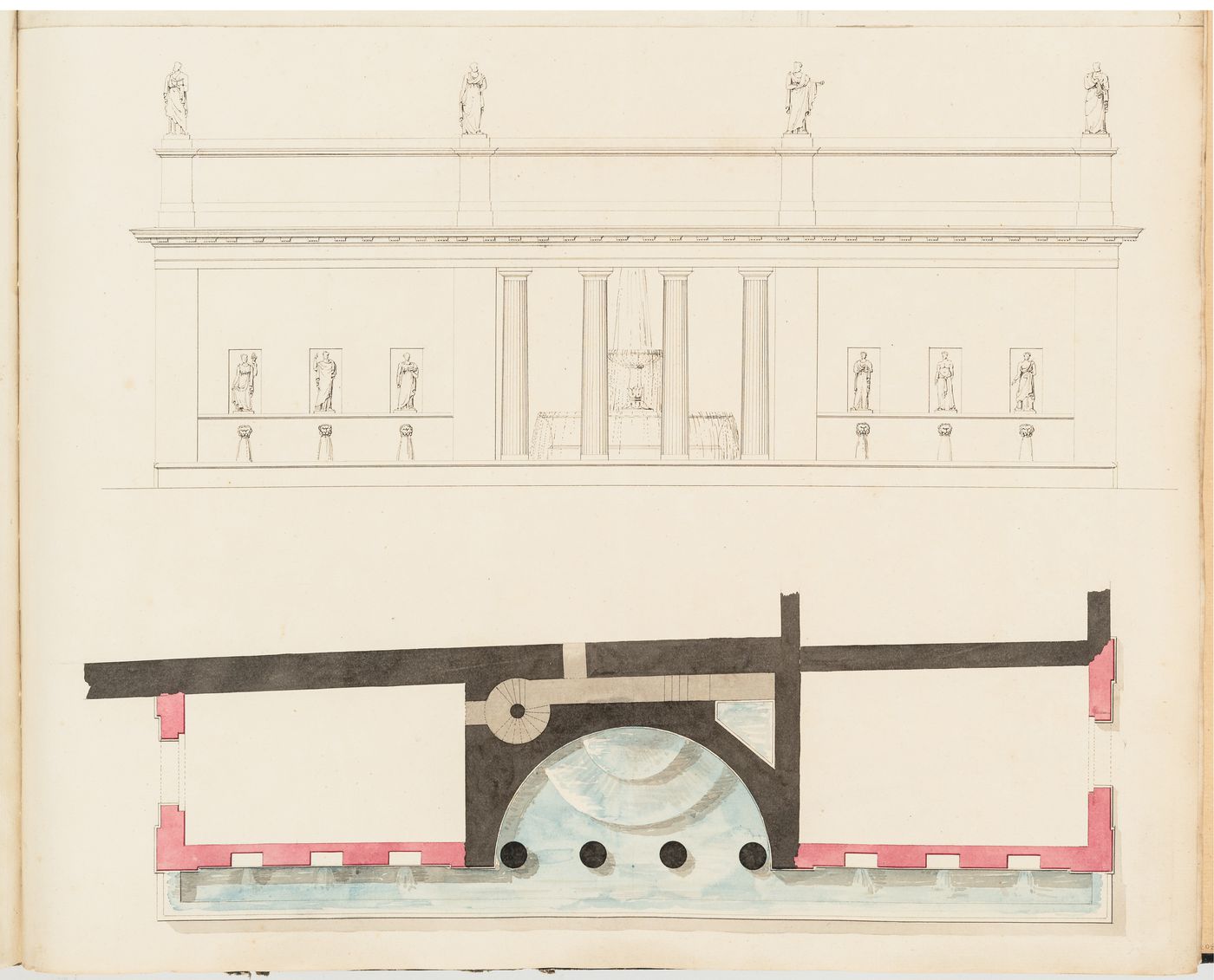 Project for the redevelopment of the École de médecine and surrounding area, Paris: Elevation and plan for a fountain for the Clinique de l'École de médecine