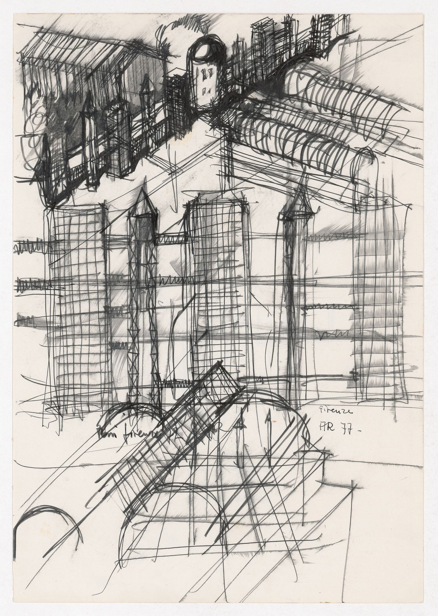 Sketch elevation, sketch section, perspective sketch and sketch detail for Centro Direzionale, Florence