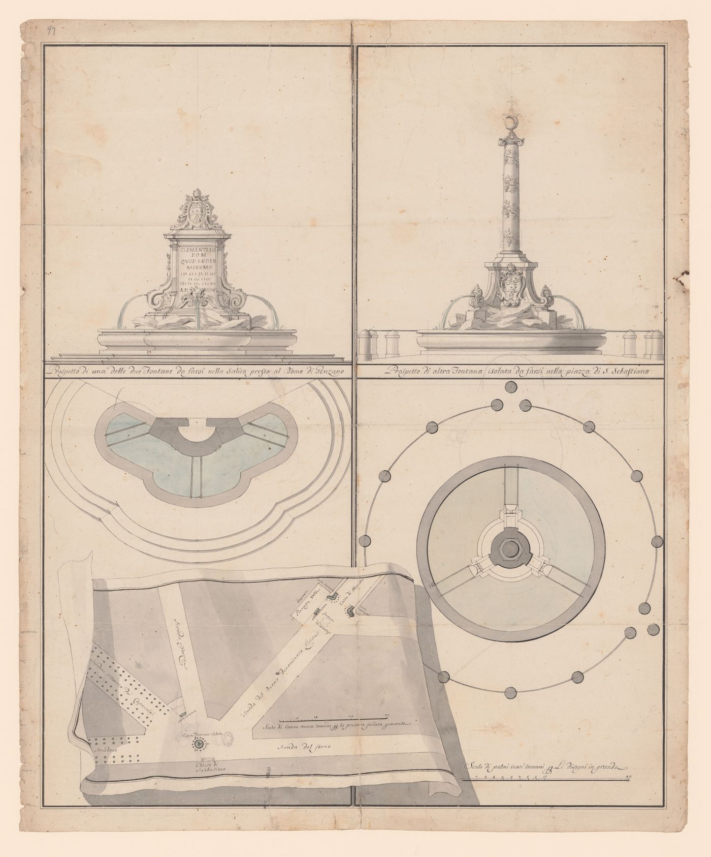 Plans and elevations for two fountains at Genzano near Rome