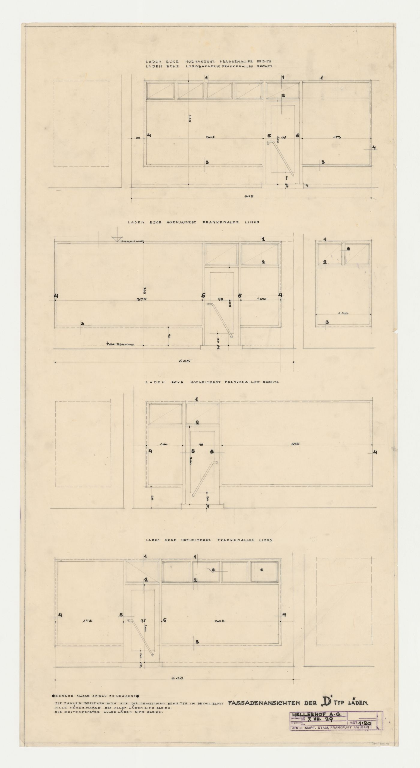 Elevations for a type D storefront, Hellerhof Housing Estate, Frankfurt am Main, Germany