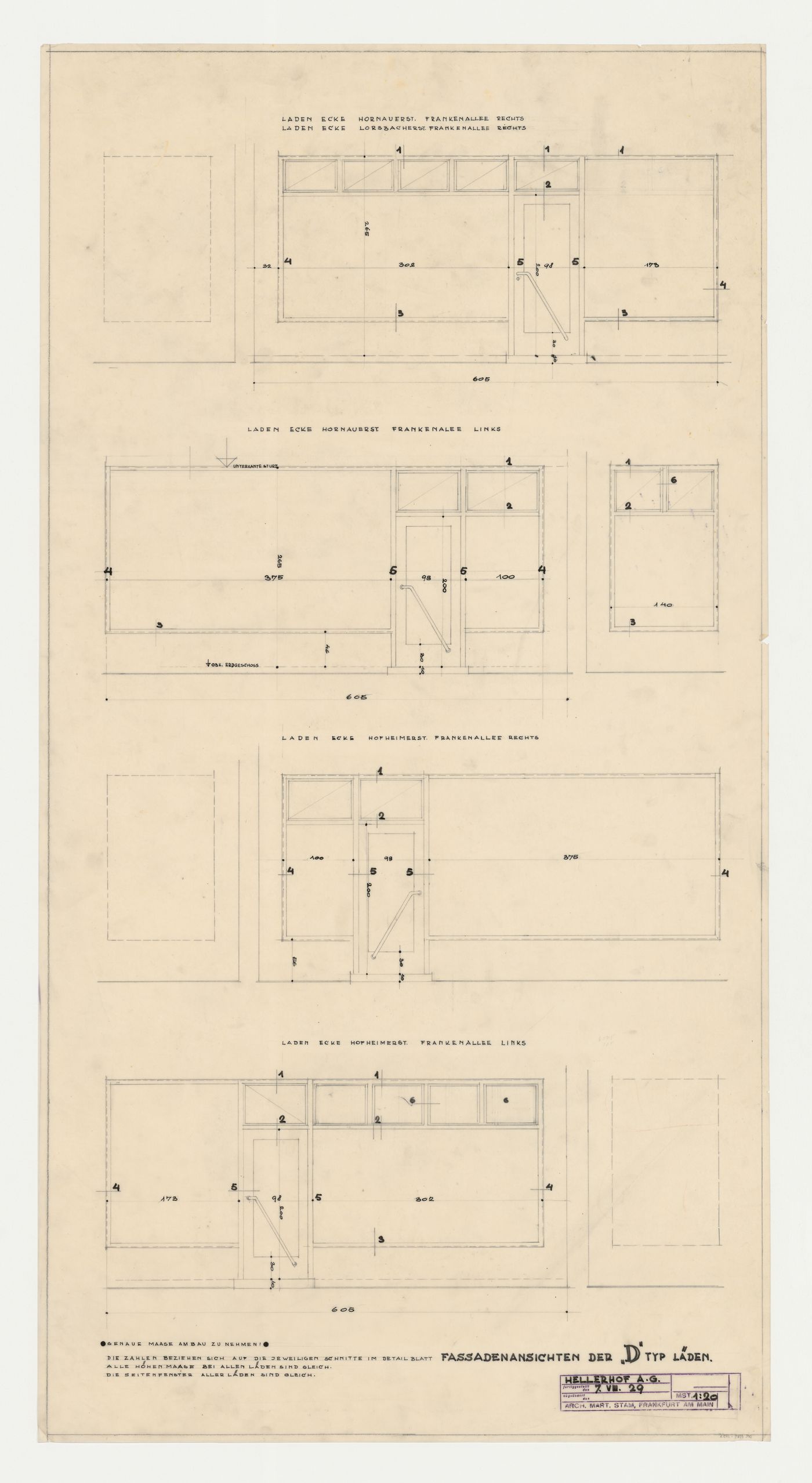 Elevations for a type D storefront, Hellerhof Housing Estate, Frankfurt am Main, Germany