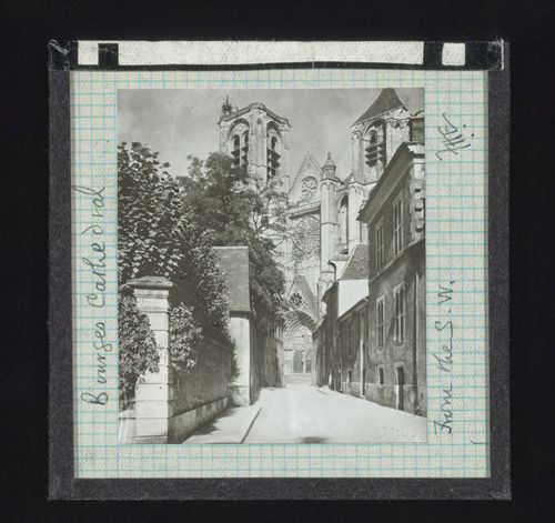 Southwest view of Cathédrale Saint-Etienne de Bourges from the street, Bourges, France