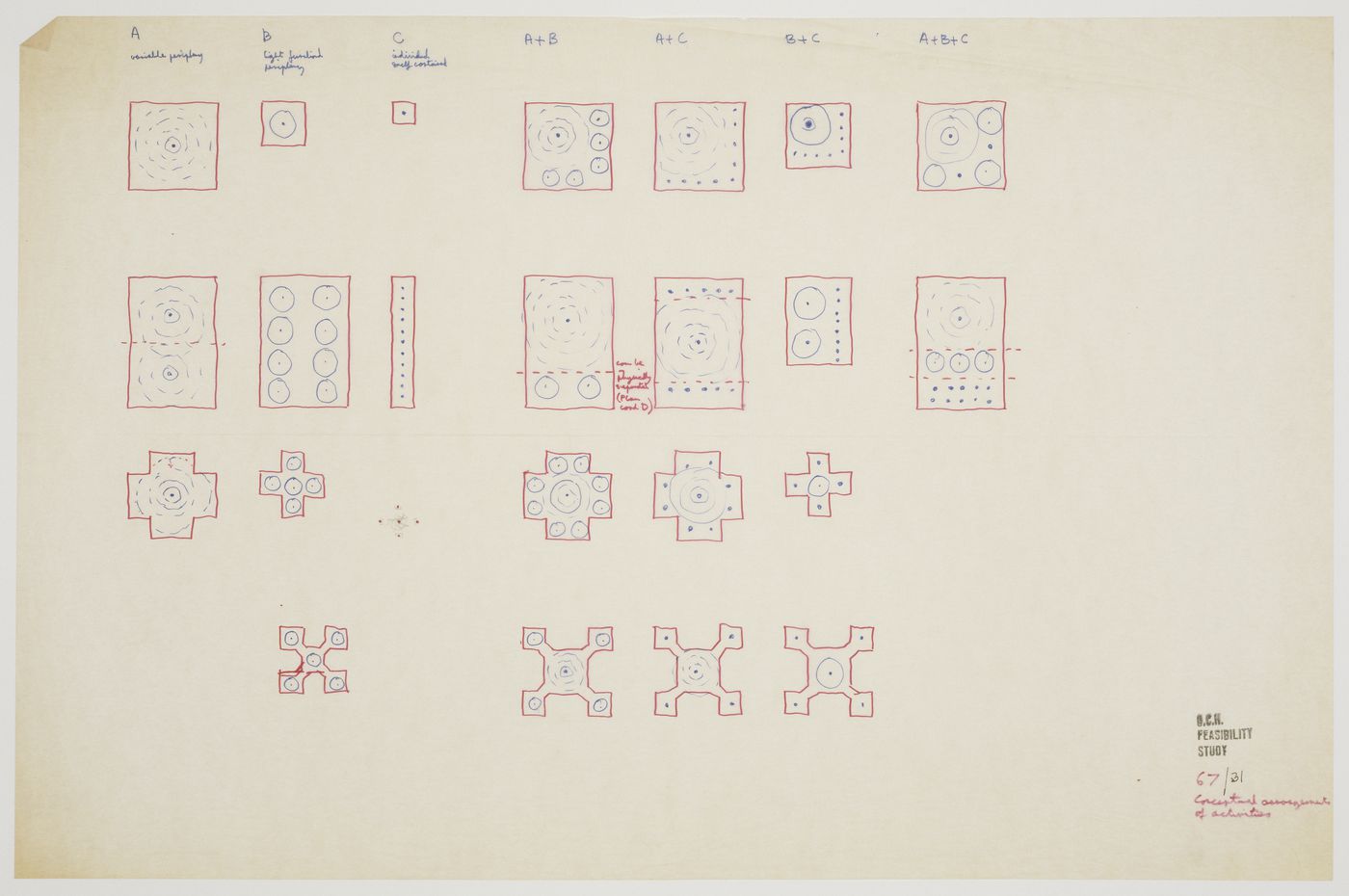 Diagrammatic plan illustrating possible arrangements of activities for Oxford Corner House