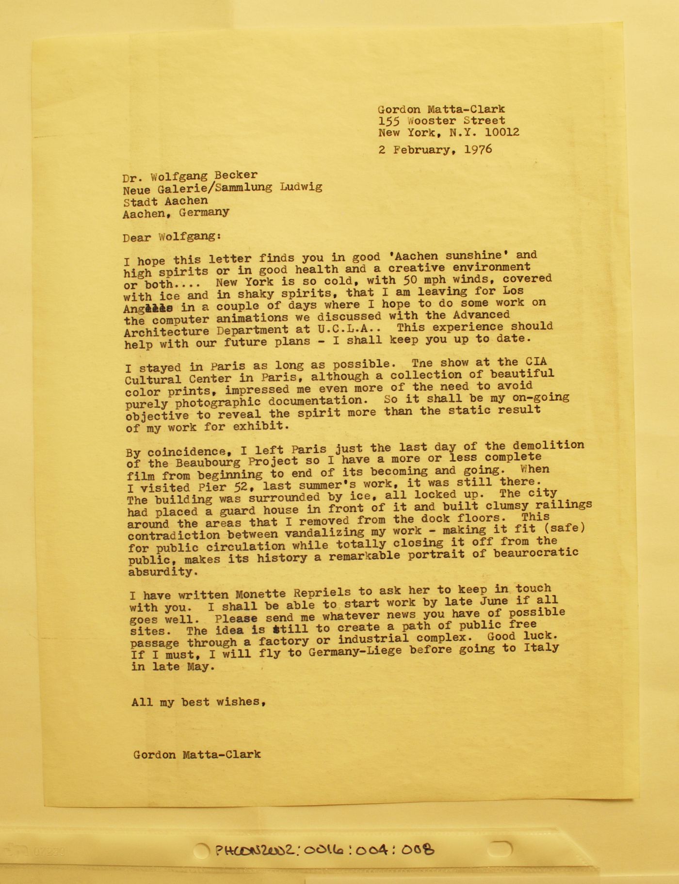 Letter from Gordon Matta-Clark to Dr. Wolfgang Becker