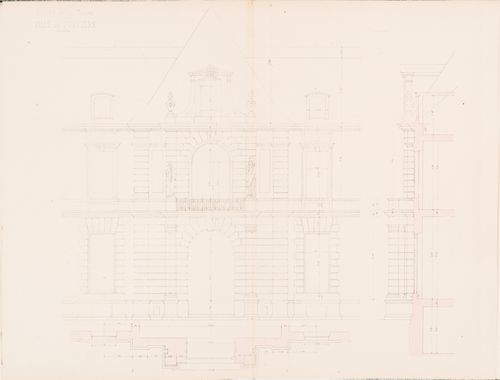 Project for a Hôtel de préfecture, Poitiers: Partial elevation, plan, and profile for the principal façade for the Hôtel du Préfet