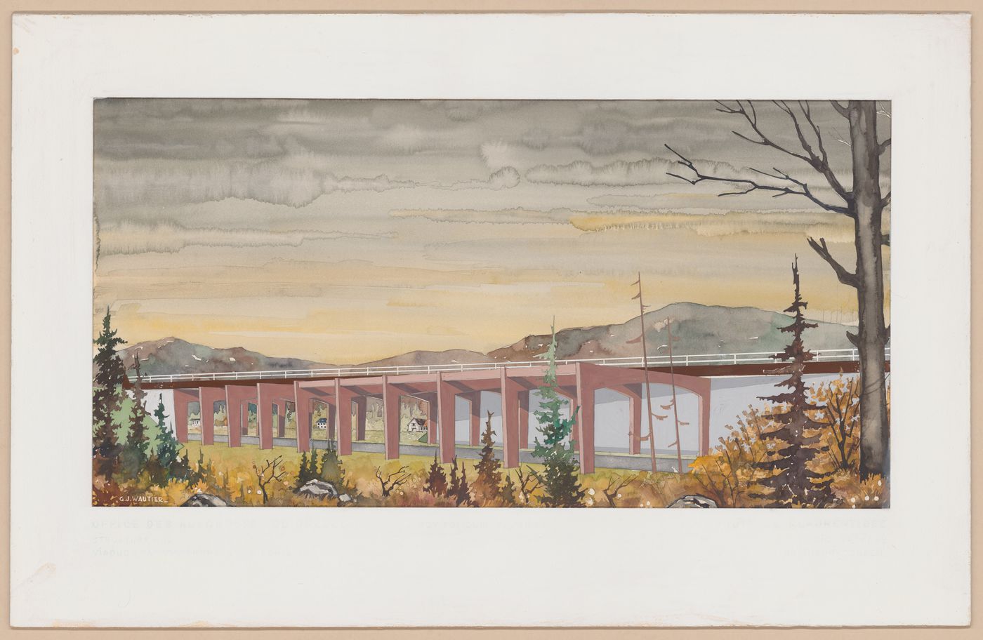 Watercolour entitled Bridge over road