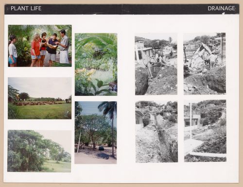 Presentation panel with photographs of plant life and draining systems for the Urban Upgrading project La Esperanza, in Zihuatanejo, Mexico